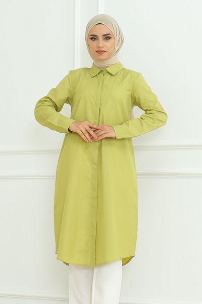 Eliva Oil Green Long Sleeve Women's Tunic - Buttoned Hijab Design