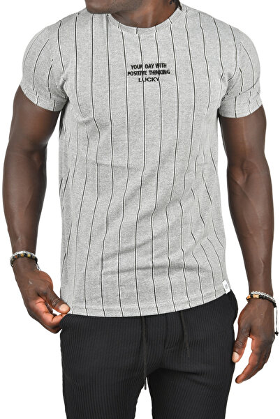 DeepSEA Ανδρικό μπλουζάκι Lycra με λεπτή εφαρμογή σε γκρι-μαύρο ριγέ λαιμόκοψη 2403216