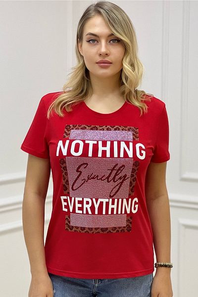 RICH GLAM Premium CoTTon - CrysTal STone PrinTed Crew Neck ComforTaBle Women's T-shirt, Large Size