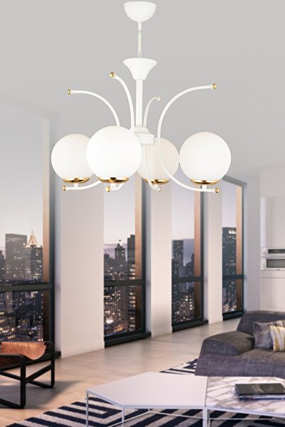 Genel Markalar Bade Beyaz 4'lü Beyaz Glop Camlı Yukarı Bakan Modern Lüks Avize