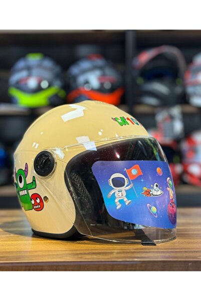 IXANN Motosiklet Çocuk Kask Yazlık Çenesiz Cream