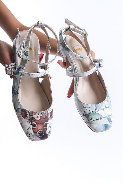 EPTC Green Cream Mary Jane - Gazelle and Leaf Pattern, Square Blunt Toe High Heel Shoes TARAKLIAYKLR 1NO Large
