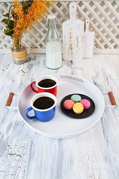 kitchen trend 2 Li Ahşap Kulplu 51 Cm Metal Tepsi Ve 37 Cm Beyaz Tepsi Çay Kahve Sunum Tepsisi