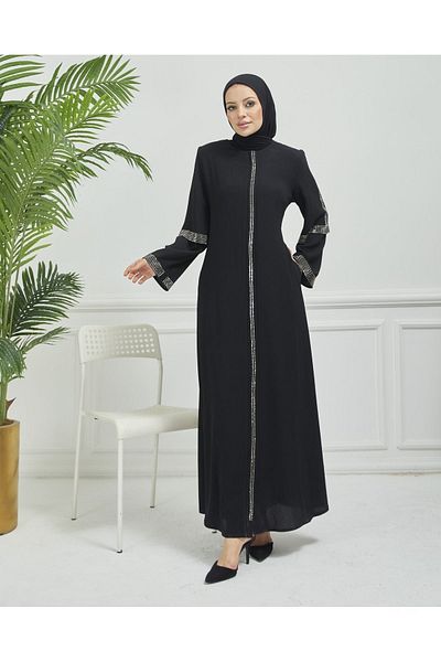 Limante Double Arm Stoned Model Crepe Fabric Black Ferace