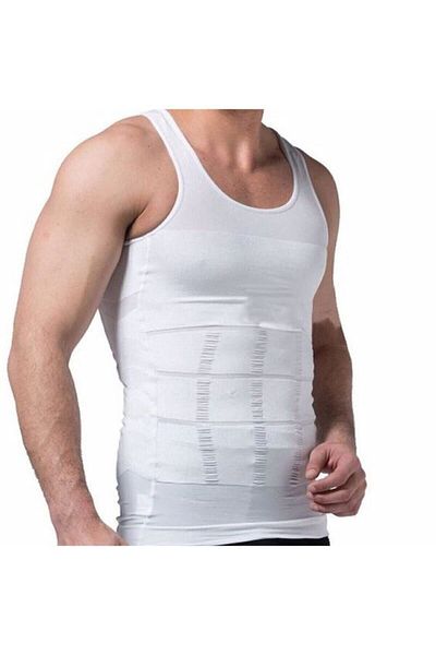 bejamonti Men's White Body Shaper Breast Enhancer Waist Abdominal Gathering Corset Athlete