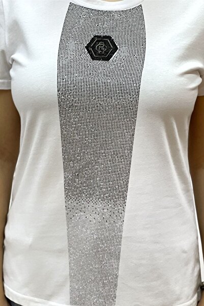 RICH GLAM Crew Neck Crystal Stone Large Size Plus Size Cotton Stylish Comfortable White Women's T-shirt