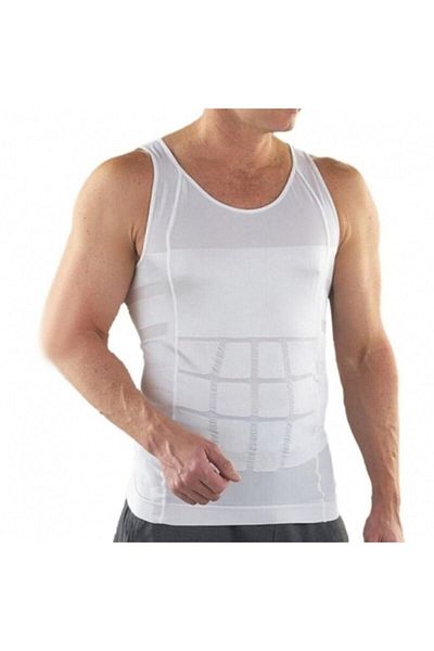 bejamonti Men's White Body Shaper Breast Enhancer Waist Abdominal Gathering Corset Athlete