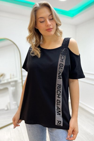 RICH GLAM Loose Cut Plus Size One Shoulder Open Crystal Stone Women's Short Sleeve Cotton Black T-shirt