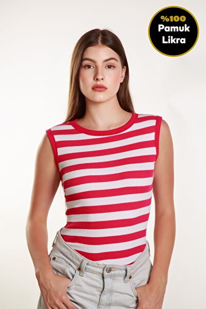 MİSS M.A.T FASHİON Ροζ-λευκό κοτλέ ελαστικό ύφασμα ριγέ γυναικείο μπλουζάκι - λαιμόκοψη, μηδενικό μανίκι