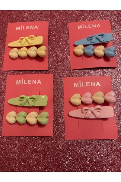 Milena Designer Store مجموعة مشابك شعر مزدوجة على شكل فيونكة وقلب من ميلينا إسطنبول - وردي