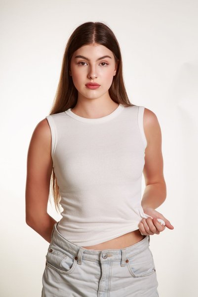 MİSS M.A.T FASHİON Women's Off-white Knitted Tank Top - Ribbed, Lycra, Crew Neck T-shirt Blouse
