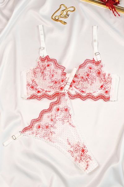 LikeSwan Red and White Floral Patterned Bralet Lingerie Set with Transparent Lace and Underwire