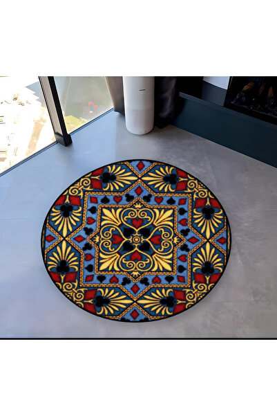 Rugs Modern Halı Mira Round Navy Blue Red Antique Yellow Pattern Detailed Wov...