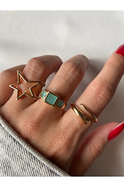 ringbox Üç Taşlı Buz Mavisi Gold Yüzük