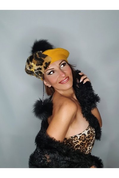 Senbeno Design ÖZGÜN TASARIM LEOPAR KÜRK VE YUSUFÇUK BROŞ DETAYLI SARI KADIN FRANSIZ RESSAM BERESİ ŞAPKA
