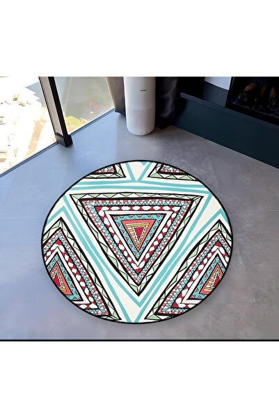 Rugs Modern Halı Mira Round Turquoise Multicolored Triangles Detailed Woven B...