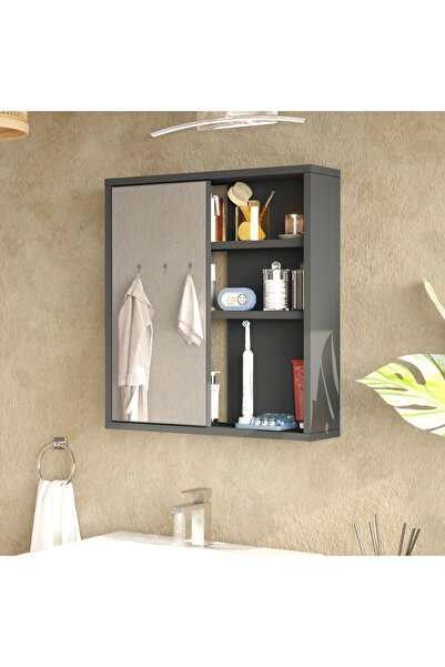 L'occi Concept Dunes Aynalı Lavabo Üstü Banyo Dolabı Raflı Kapaklı 60cm Antrasit DS1-AN