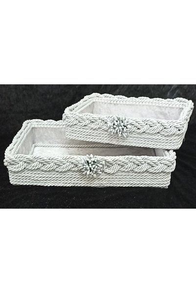 FNT Rectangular Knitted 2-Piece Basket Gift Bundle Dowry Holder Towel Makeup Products Box