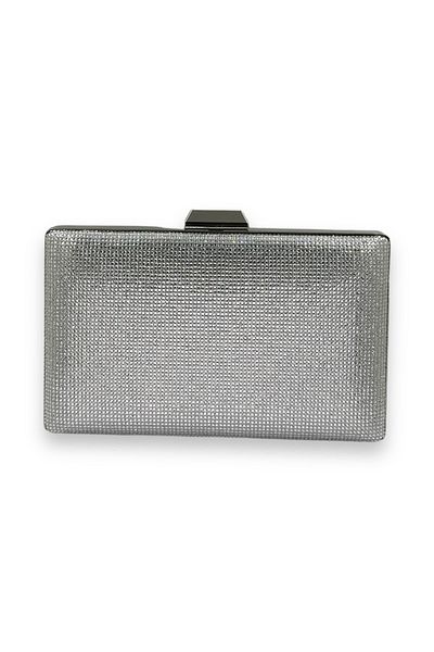Biçanta Silver Grey Lame - Βραδινή τσάντα φορέματος με λεπτομέρεια από κρυστάλλινη πέτρα με μεταλλική λαβή, για αρραβώνα και αποφοίτηση