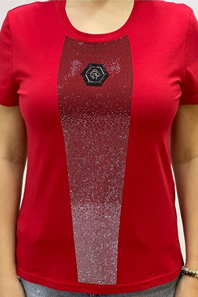 RICH GLAM Crew Neck Crystal Stone Large Size Plus Size Cotton Stylish Comfortable Red Women's T-shirt