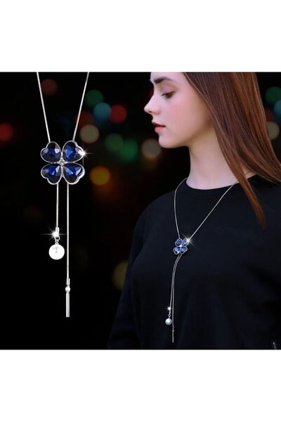 Alsade Korean Style Four Leaf Blue Crystal Long Sweater Chain Rhinestone Neck...