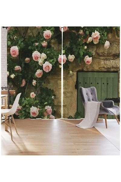 Elmas Dizayn 3D DiGital PrinteD Pink-Green-brown Flower Rose 140*240 cm Double WinGeD 2 Pieces BackGrounD Curtain
