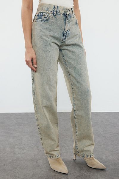 Trendyol Collection Blugi albaștri - mai sustenabili, vintage, drepte, cu efect decolorat, talie normală TWOAW25JE00104