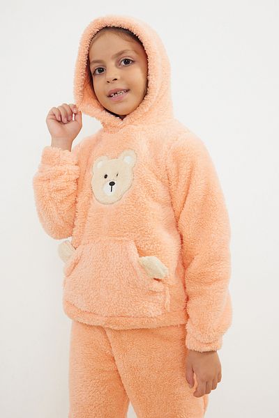 TRENDYOLKIDS Girl's Thin Teddy Bear Patterned Plush Knitted Set - Hooded, Seasonal Tkdaw25au00030