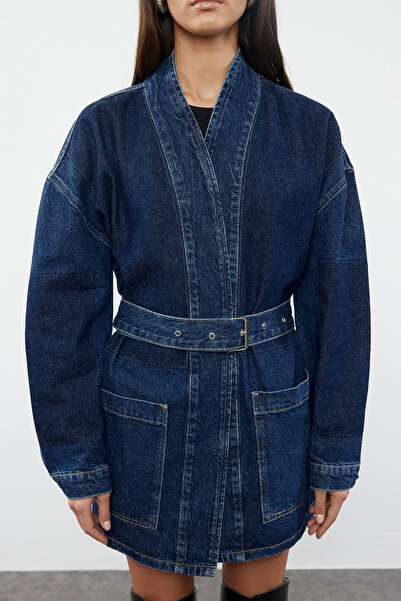 Trendyol Collection Oversize Dark Blue Denim Jacket with Belt - TWOSS21CE0186