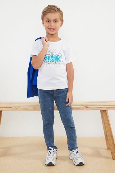 TRENDYOLKIDS 3-Piece Saks Printed Cardigan-T-Shirt-Pants Set for Boys Cotton Knitted Set - Tkdaw25Au00042