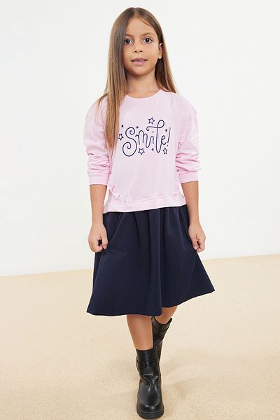 TRENDYOLKIDS Girls' Thin Slogan Patterned Seasonal Knitted Dress - Tkdaw25el00007