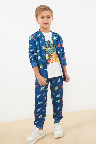 TRENDYOLKIDS Boy's Dinosaur Patterned Knitted T-shirt and Pants Cardigan Set - TKDAW25AU00001