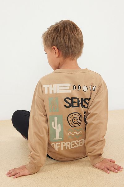 TRENDYOLKIDS Cotton Beige Knitted Set - Slogan, Top and Bottom Set Tkdaw25Au00009