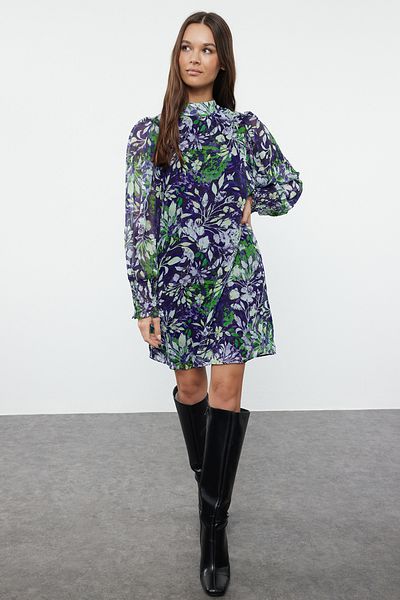 Trendyol Collection Χειμερινό μωβ αφηρημένο υφαντό φόρεμα - TWOAW24EL00573