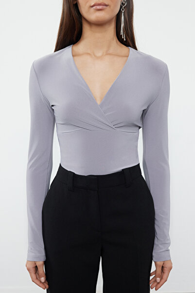 Trendyol Collection Rugalmas szürke kötött test - kétsoros, testhez simuló, Twoaw25bd00004