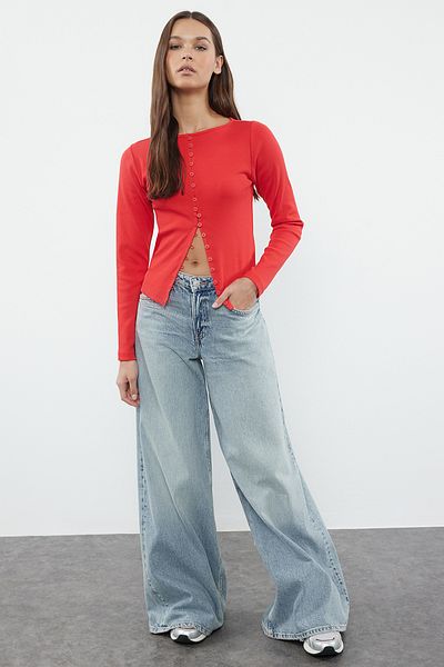 Trendyol Collection Flexible Corded Knitted Blouse - Red, Crew Neck, Button Detail TWOAW25BZ00030