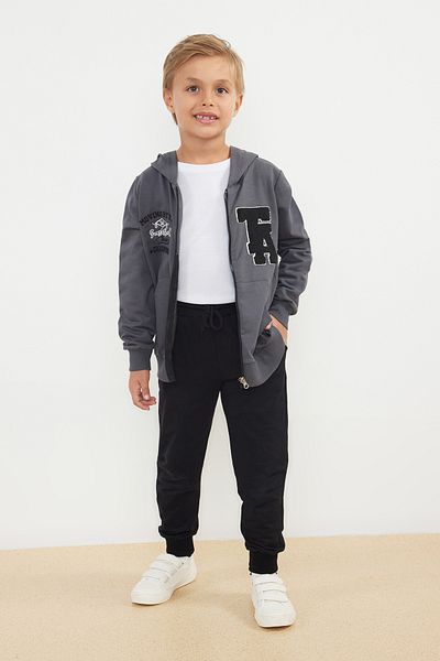 TRENDYOLKIDS Boy's Anthracite Hooded Sweatshirt and Sweatpants Set 100% Cotton - Tkdaw25Au00006
