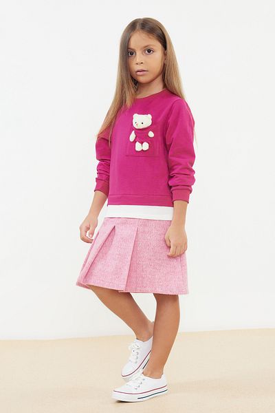 TRENDYOLKIDS Fuchsia Color Blocked Teddy Bear Detailed Girl's Dress - Crew Neck TKDAW25EL00006