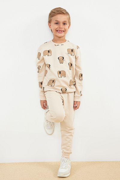 TRENDYOLKIDS Boy's Beige Seasonal Cotton Top and Bottom Set - Thin Elephant Patterned Tkdaw25Au00003