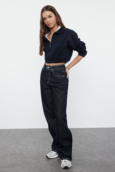Trendyol Collection Magas derekú NavY széles lábú farmernadrág – kontrasztos varrással TWOAW25je00109
