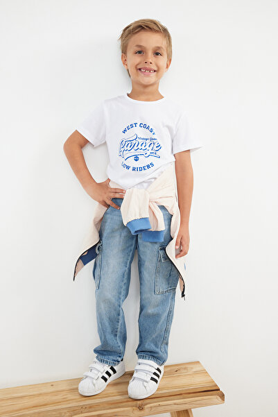 TRENDYOLKIDS Boy's Beige Slogan Printed T-Shirt and Jacket Set - Cotton Knitted Tkdaw25Au00047