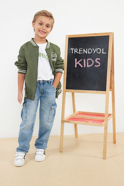 TRENDYOLKIDS Boy's Khaki Bomber Jacket - Slogan Print, School Uniform Tkdaw25ce00004