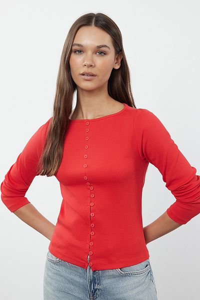 Trendyol Collection Flexible Corded Knitted Blouse - Red, Crew Neck, Button Detail TWOAW25BZ00030