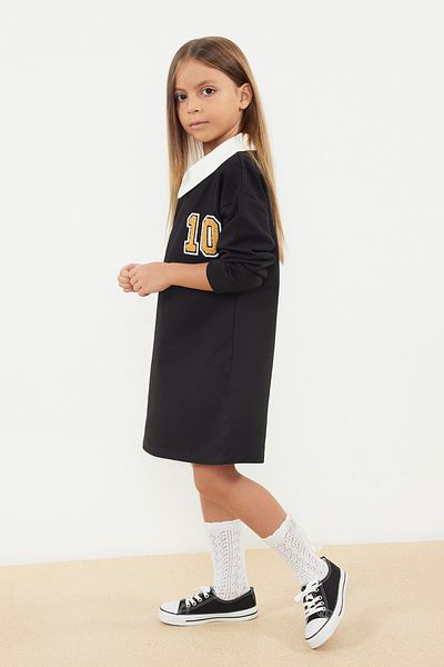 TRENDYOLKIDS Black Girl's Slogan Seasonal Knitted Dress - Tkdaw25el00009