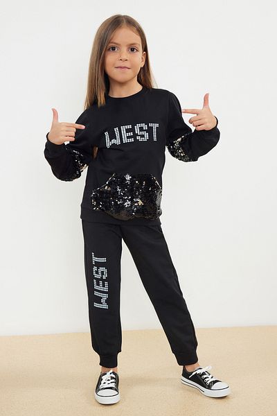 TRENDYOLKIDS Black Seasonal Sequined Knitted Suit for Girls - Tkdaw25au00022