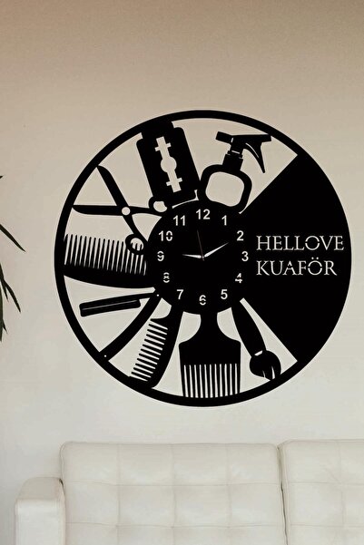 Hellove Kuaför Berber Saati Ahşap Duvar Saati Kuaför Duvar Saati 50x50