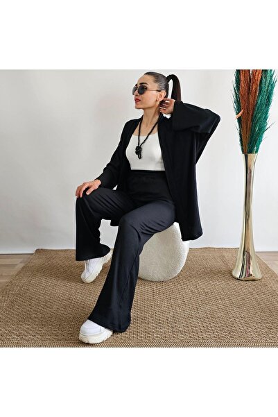 İpli Σετ κιμονό με φαρδιά πόδια - Μαύρο Χρώμα, Λεπτομέρεια τσέπης