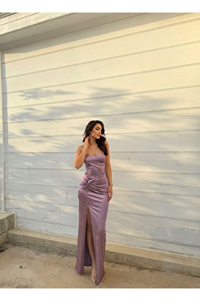 Mekafashion Pamira Ön Düğüm Detay Straplez Saten Abiye 582836 LİLA