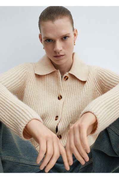 MANGO Woman Cardigan with Collar and Pockets - Relaxed Fit