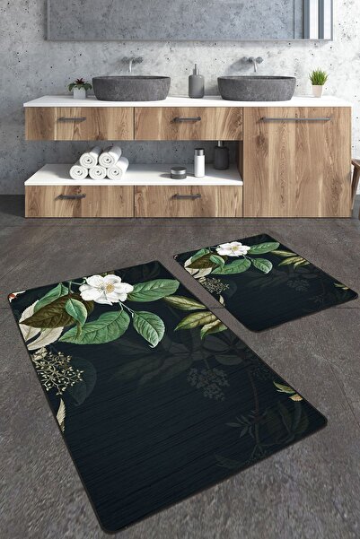 Homiko Yeşil Yaprak Desenli 2'li Büyük Boy  Banyo Paspas Seti